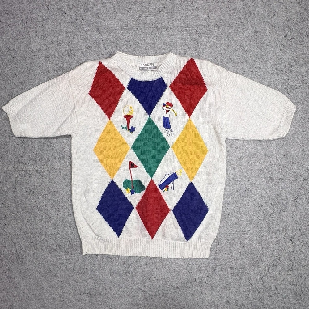 Tanner Womens S Golf Sweater Argyle Embroidered Golfer Ramie Cotton 90s Vintage